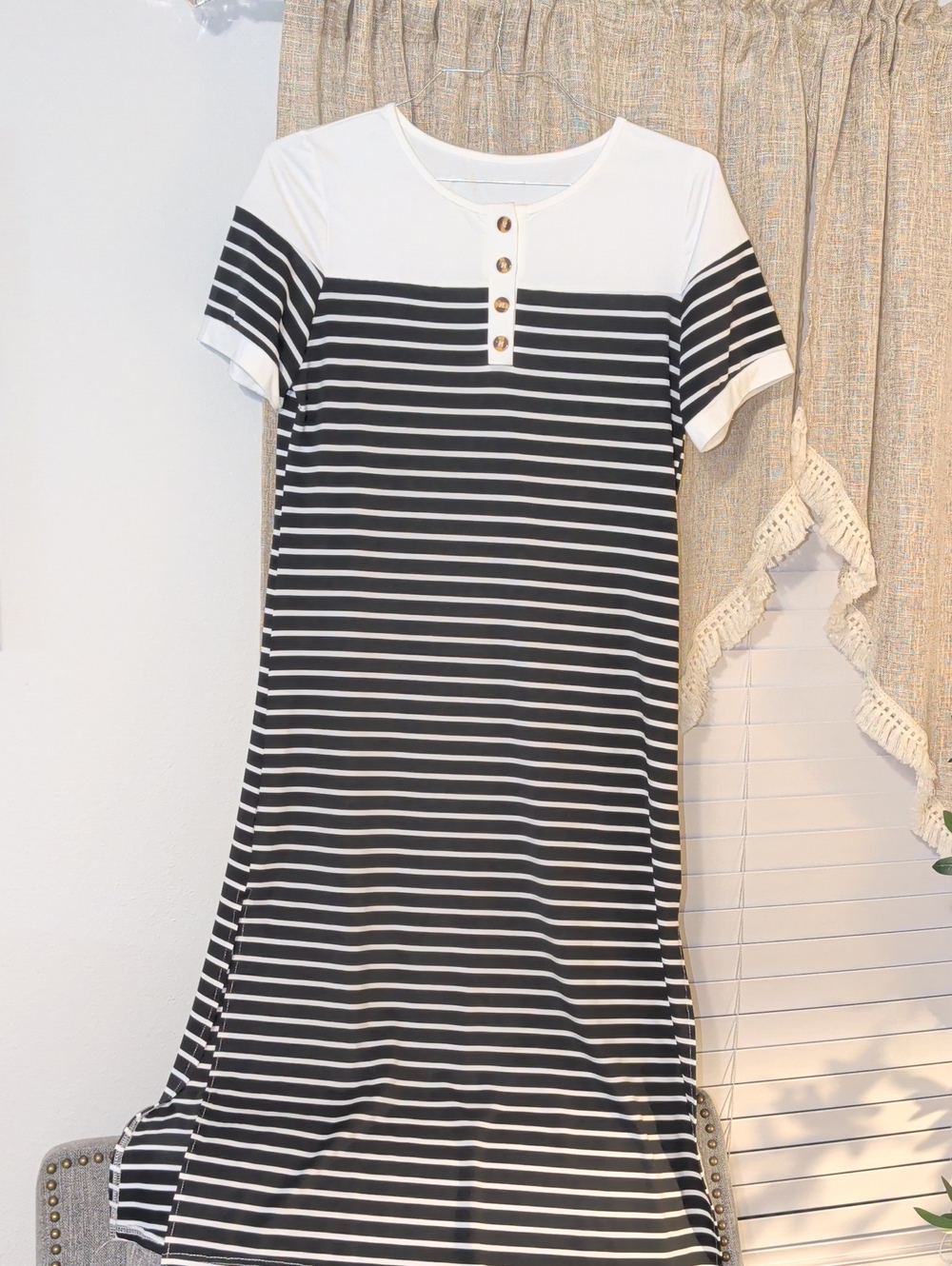 SHEIN Black & White Striped Midi Dress with Button Placket